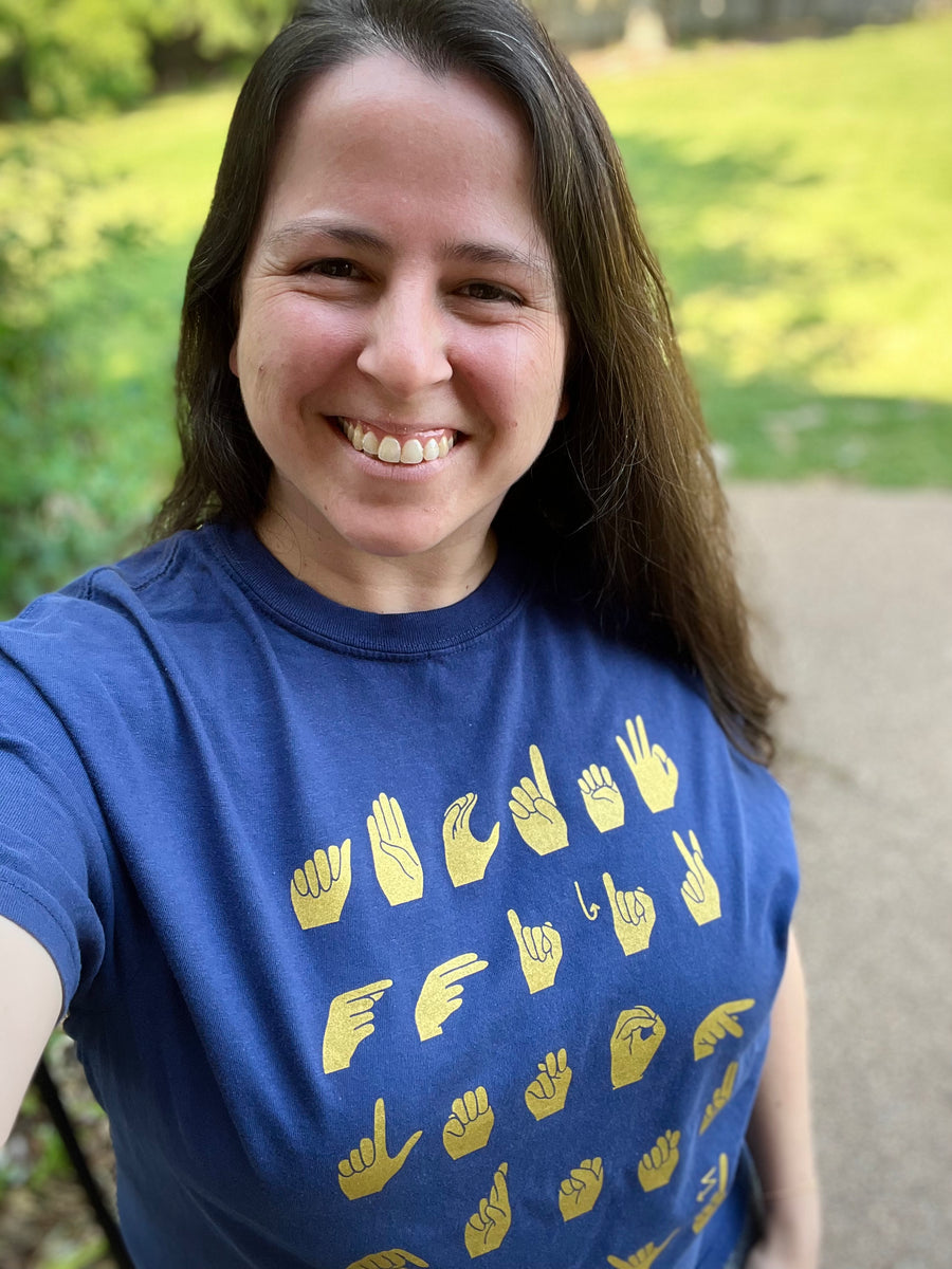 Metallic Gold & Navy ASL ABC's Short Sleeve Tee Language Priority