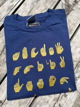 Load image into Gallery viewer, Metallic Gold & Navy ASL ABC's Short Sleeve Tee