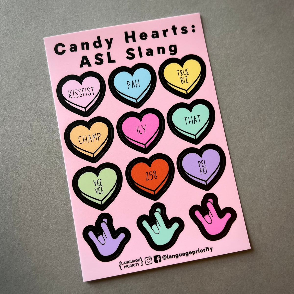 ASL Slang Candy Hearts Sticker Sheet Language Priority